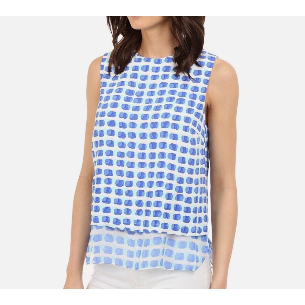 Kate Spade Island Stamp Top XS Blue White Geometric Layered Sleeveless Blouse - Picture 1 of 8